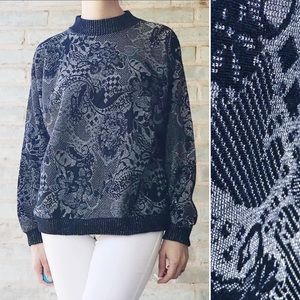 Vintage Cache Sweater 80s Metallic Silver Black Lurex Abstract Floral Pullover